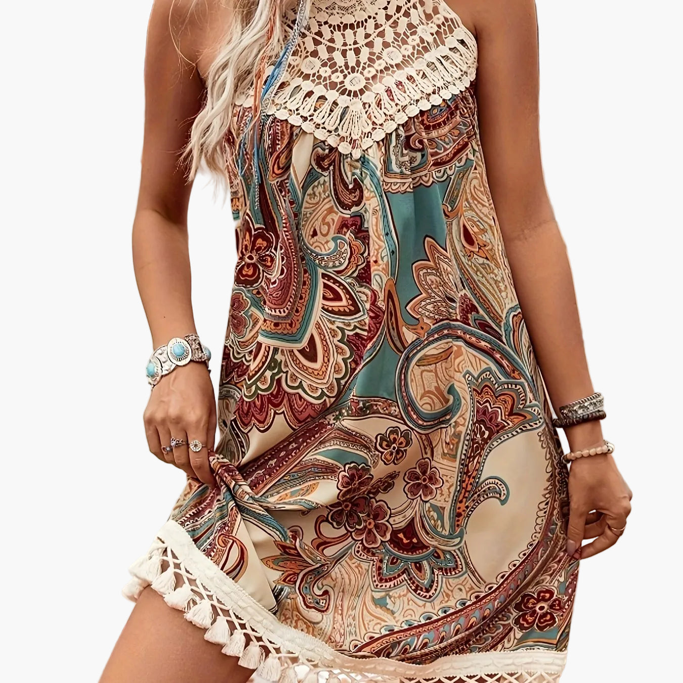 Damen Sommer Tunika Kleid im Boho-Stil mit Häkelspitze – Elegante Freizeitmode