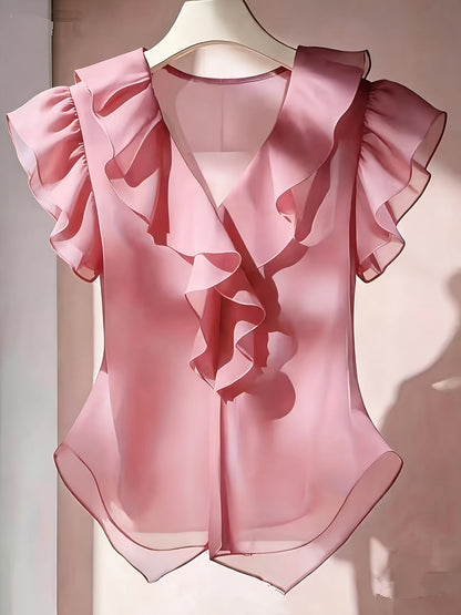 Damen Rüschenbluse mit V-Ausschnitt und Volantärmeln – Elegante Chiffonbluse für Büro und besondere Anlässe