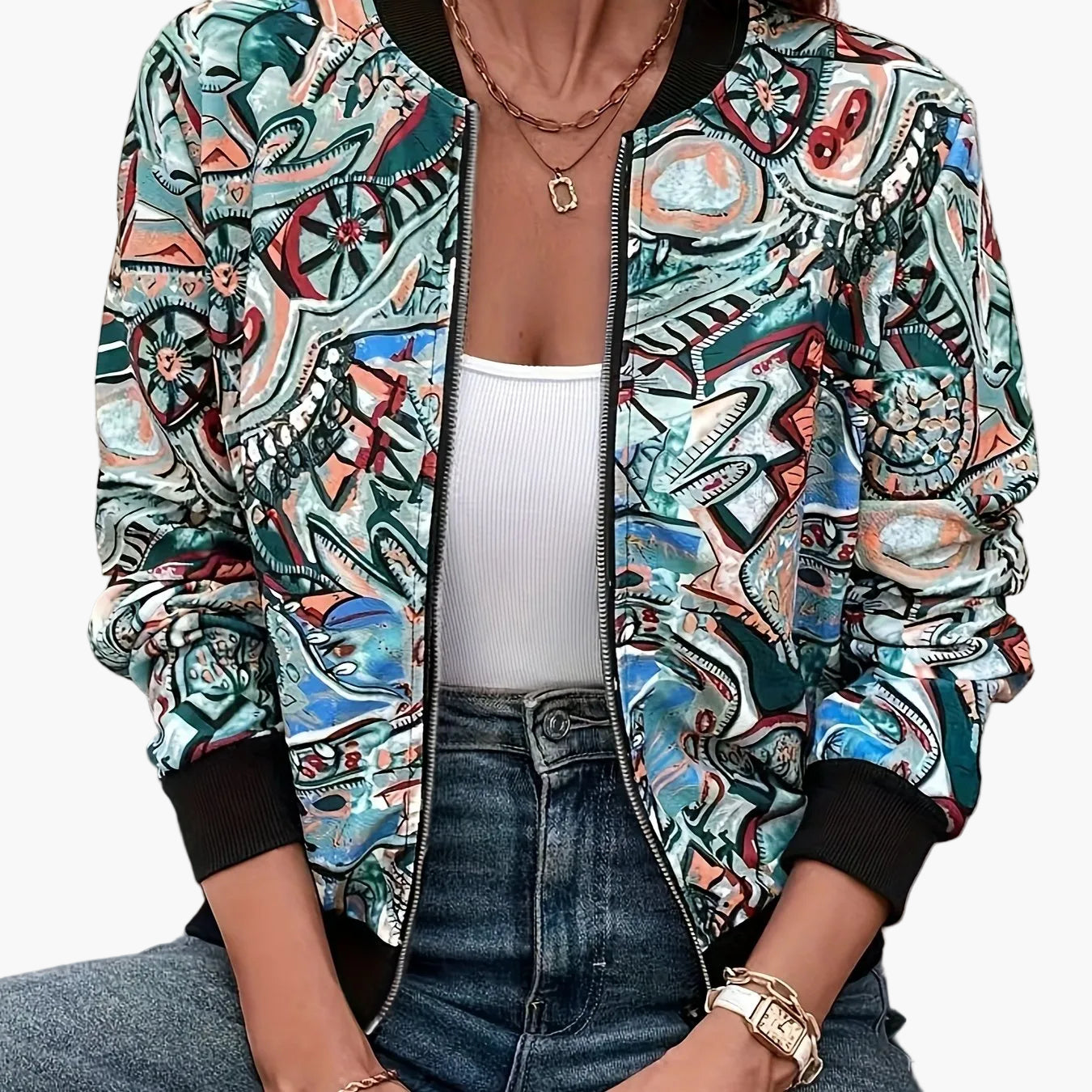 Damen Bomberjacke mit abstraktem Muster – Modischer Freizeit-Look für Alltag und Urlaub