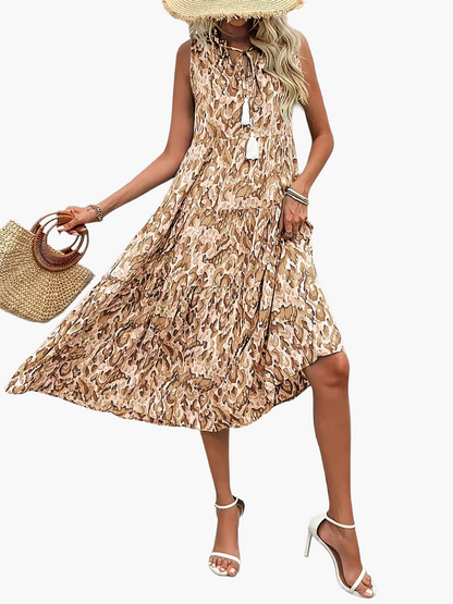 Damen Sommerkleid Elegant Boho Style Ärmellos Midi Freizeitkleid mit Kordel und Quasten