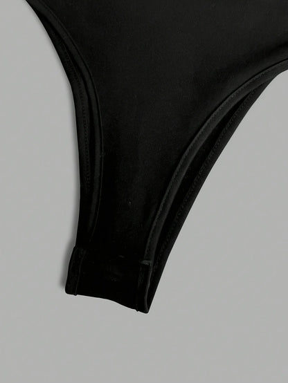 Damen Body Langarm Schwarz mit Großer Weißer Schleife Vorn/Hinten