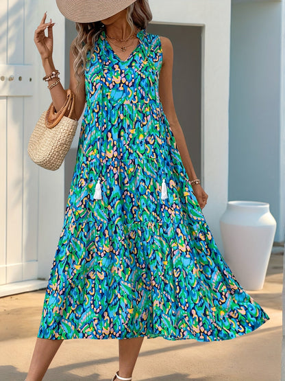 Damen Sommerkleid Elegant Boho Style Ärmellos Midi Freizeitkleid mit Kordel und Quasten