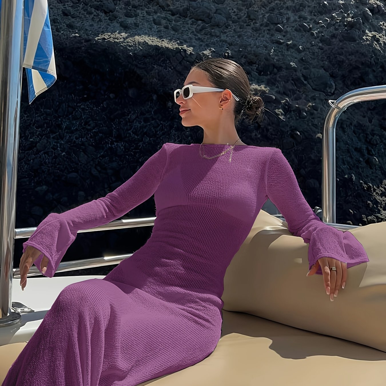 Damen Maxi-Strandkleid mit langen Ärmeln und elegantem Schnitt – Stilvolles Urlaubsoutfit für Boot, Strand & Resort