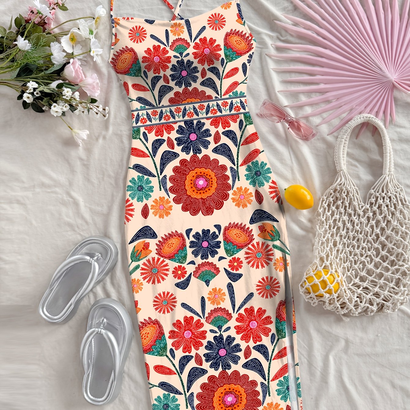 Damen Midikleid mit Blumenmuster und Spaghettiträgern – Boho Sommerkleid für Freizeit & Urlaub