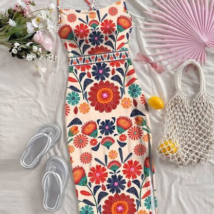 Damen Midikleid mit Blumenmuster und Spaghettiträgern – Boho Sommerkleid für Freizeit & Urlaub