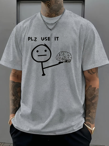 Herren T-Shirt mit lustigem Meme-Print – „PLZ USE IT“ Brain Comic, Casual Streetwear