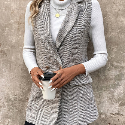 Damen Weste Fischgrätmuster Lang Elegant Ärmellos Grau Weiß