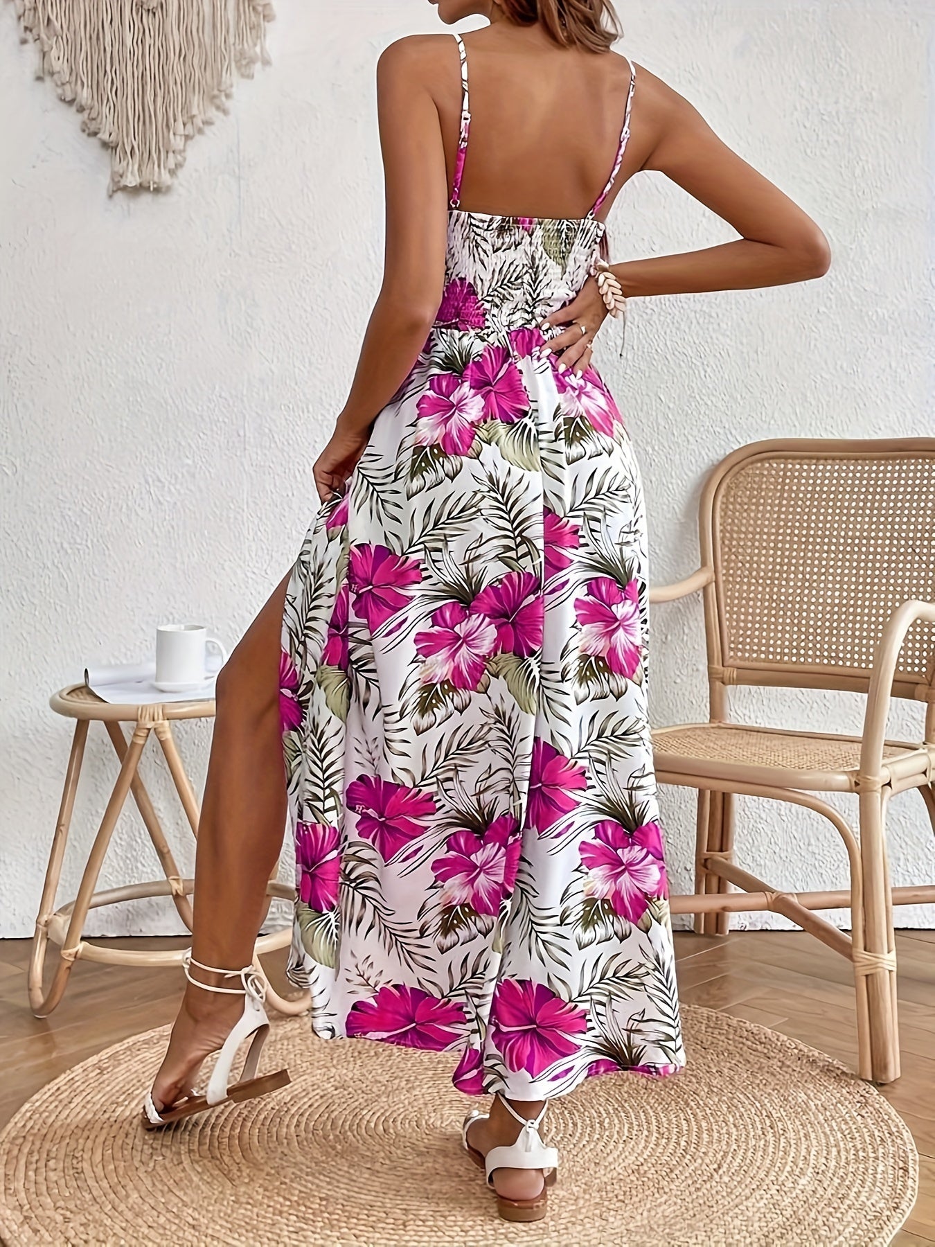 Damen Sommer Maxikleid Elegant mit Blumenmuster und Spaghettiträgern – Perfekt für Urlaub und Freizeit