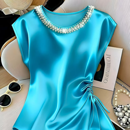 Damen Elegante Bluse mit Perlenkragen und Raffungsdetail – Stilvolles Kurzarm-Oberteil für festliche Anlässe oder Büro
