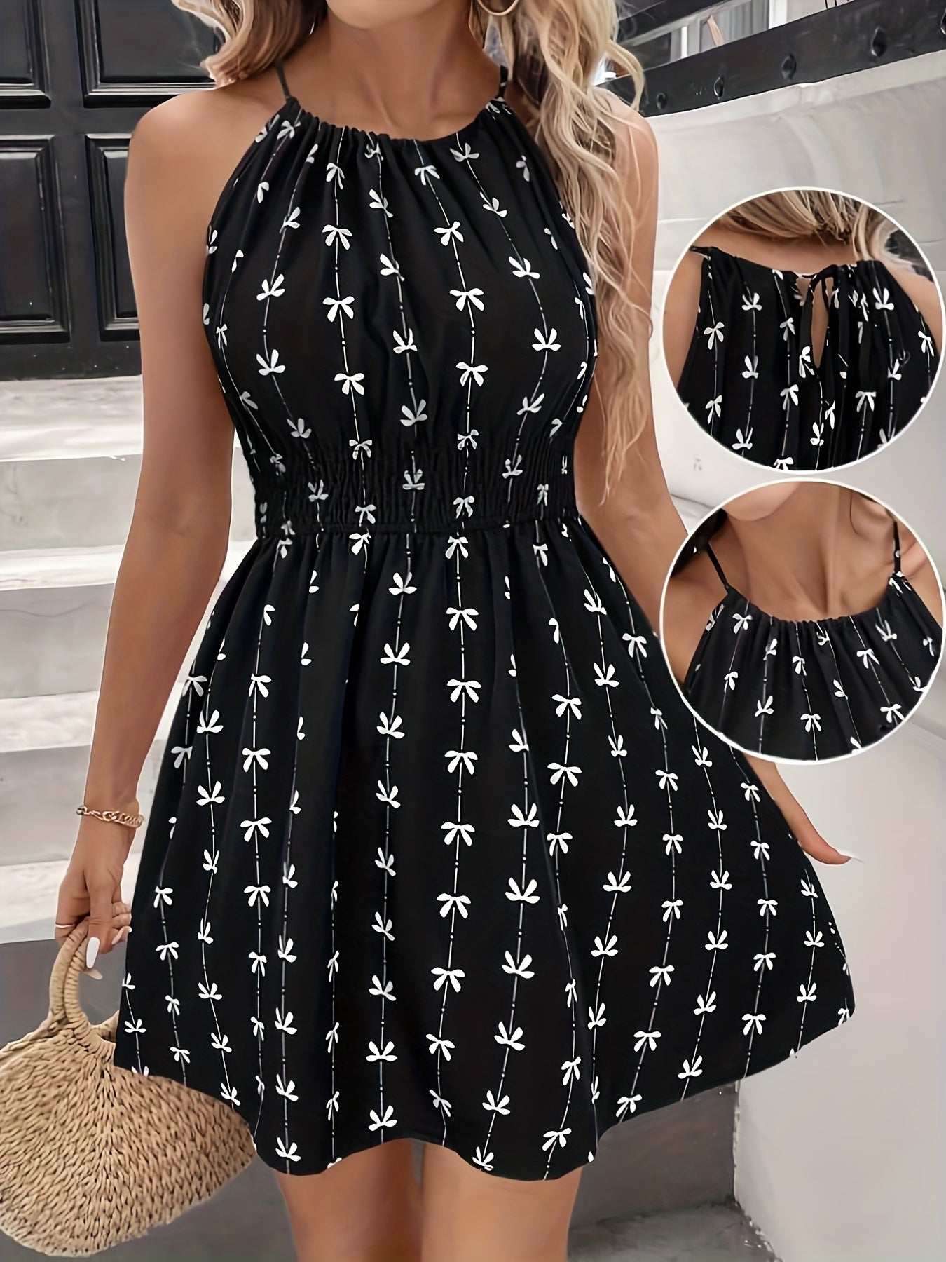 Damen A-Linienkleid mit Schleifenmuster und Neckholder – Elegant und Feminin für Alltag und Freizeit