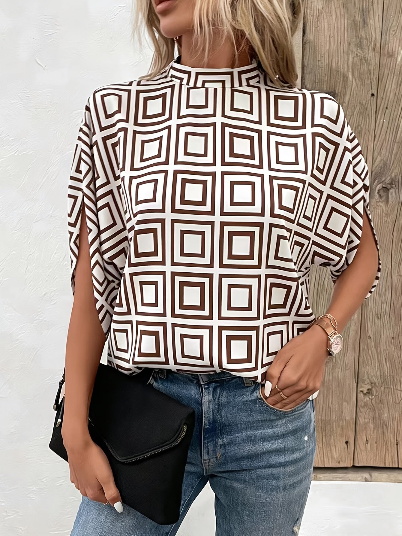 Damen Bluse mit Stehkragen und geometrischem Muster – Modischer Alltags- und Büro-Look