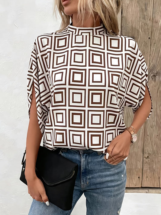 Damen Bluse mit Stehkragen und geometrischem Muster – Modischer Alltags- und Büro-Look