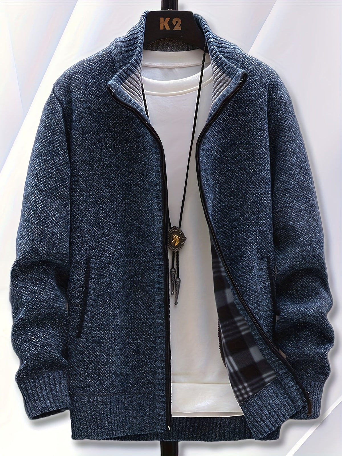 Herren Strickjacke mit Reißverschluss Stehkragen und Taschen meliert