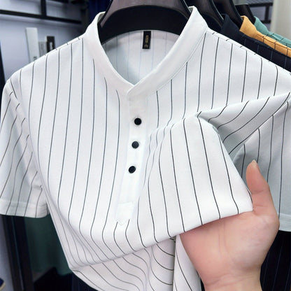 Herren Kurzarm-Hemd mit Stehkragen und Nadelstreifen – Modernes Freizeit- und Business-Outfit