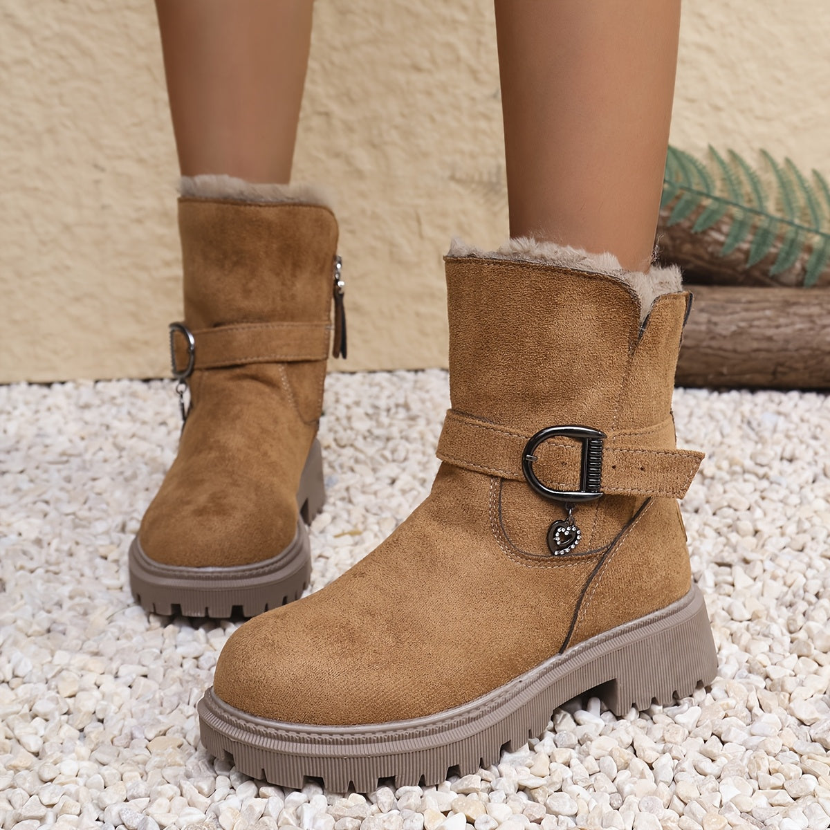 Damen Stiefeletten Hellbraun mit Fellfutter und Profilsohle