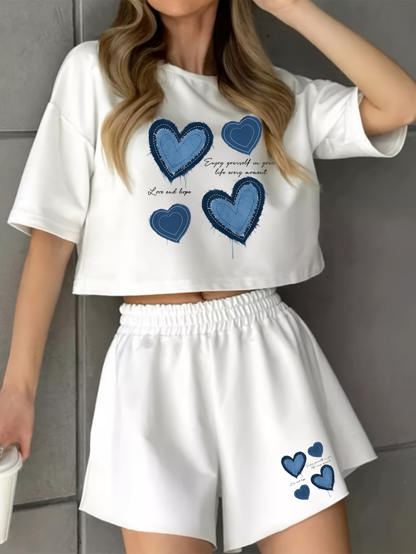 Damen Pyjama-Set mit blauen Herz-Prints – Loungewear im modernen Stil für Zuhause