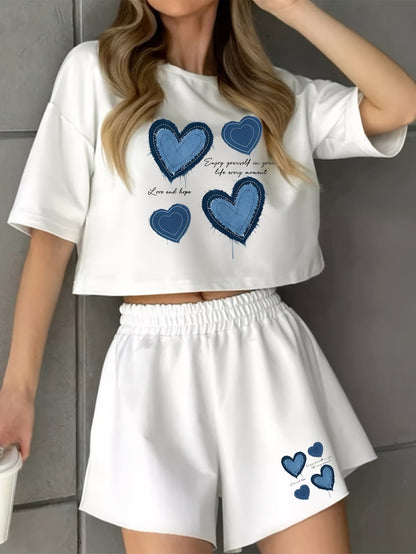 Damen Pyjama-Set mit blauen Herz-Prints – Loungewear im modernen Stil für Zuhause