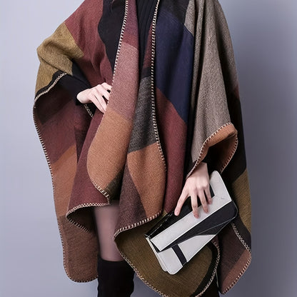 Damen Poncho Cape mit offenem Schnitt und geometrischem Muster – Boho Stil für Freizeit und Alltag