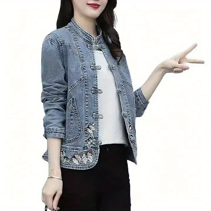 Jeansjacke Damen mit Stehkragen Froschverschlüssen Stickerei und Kordelzug Hellblau