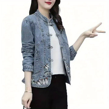 Jeansjacke Damen mit Stehkragen Froschverschlüssen Stickerei und Kordelzug Hellblau