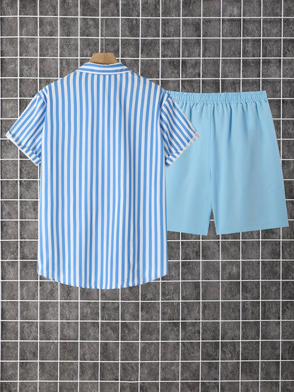 Herren Set mit Kurzarmhemd und Shorts, Modernes Streifen Design, Freizeit Outfit für Sommer und Urlaub