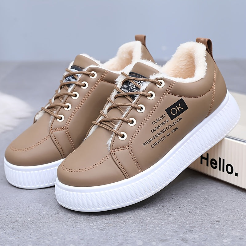 Damen Sneaker mit warmem Futter, Plateau und Schnürung, Braun