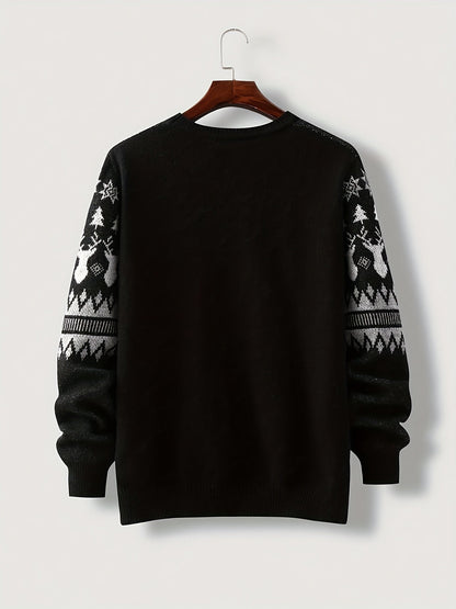 Unisex Winterpullover Rundhals mit Jacquard Rentier- & Schneeflockenmuster