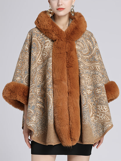 Damen Cape mit Kapuze und Kunstpelzbesatz - Musterbedruckt, Mehrfarbig