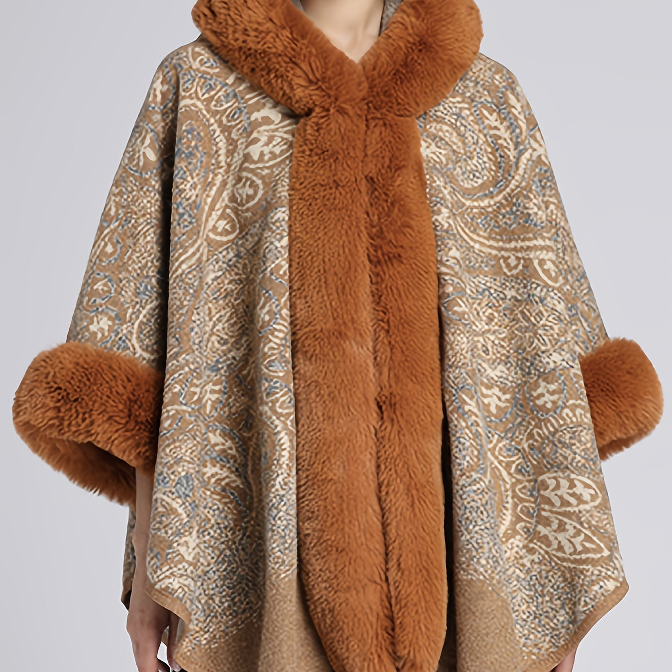 Damen Cape mit Kapuze und Kunstpelzbesatz - Musterbedruckt, Mehrfarbig