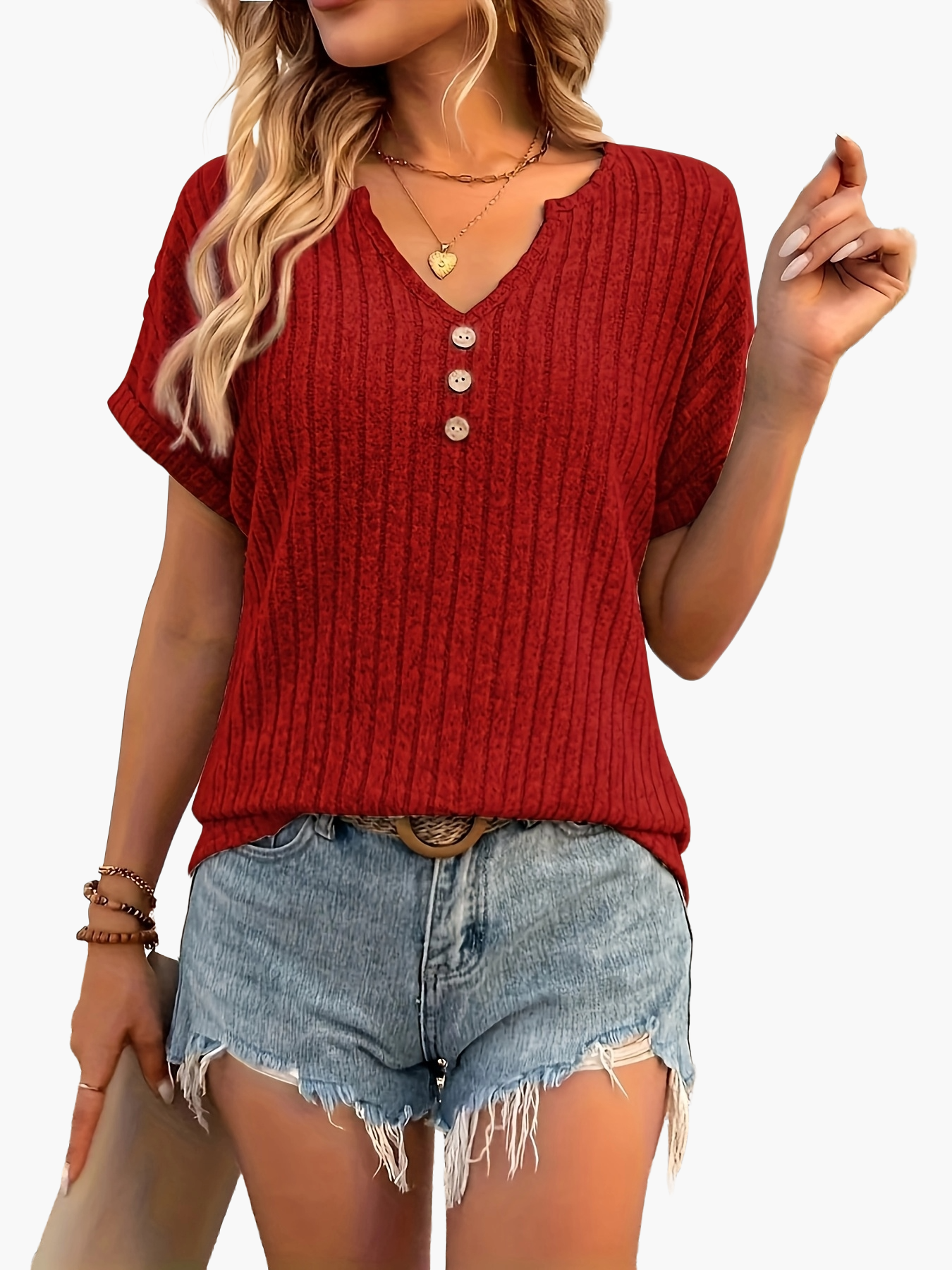 Damen Strickshirt im Casual-Look mit Knopfleiste – Sommer Freizeit Oberteil