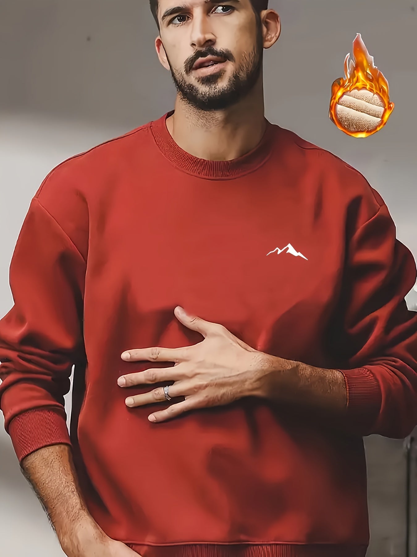 Herren Plüschfutter Sweatshirt mit Berg-Motiv, Rundhals Langarm-Pullover