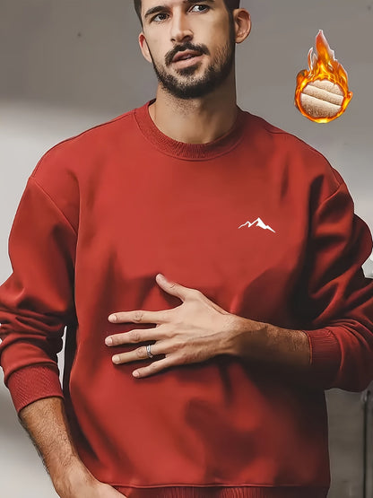 Herren Plüschfutter Sweatshirt mit Berg-Motiv, Rundhals Langarm-Pullover