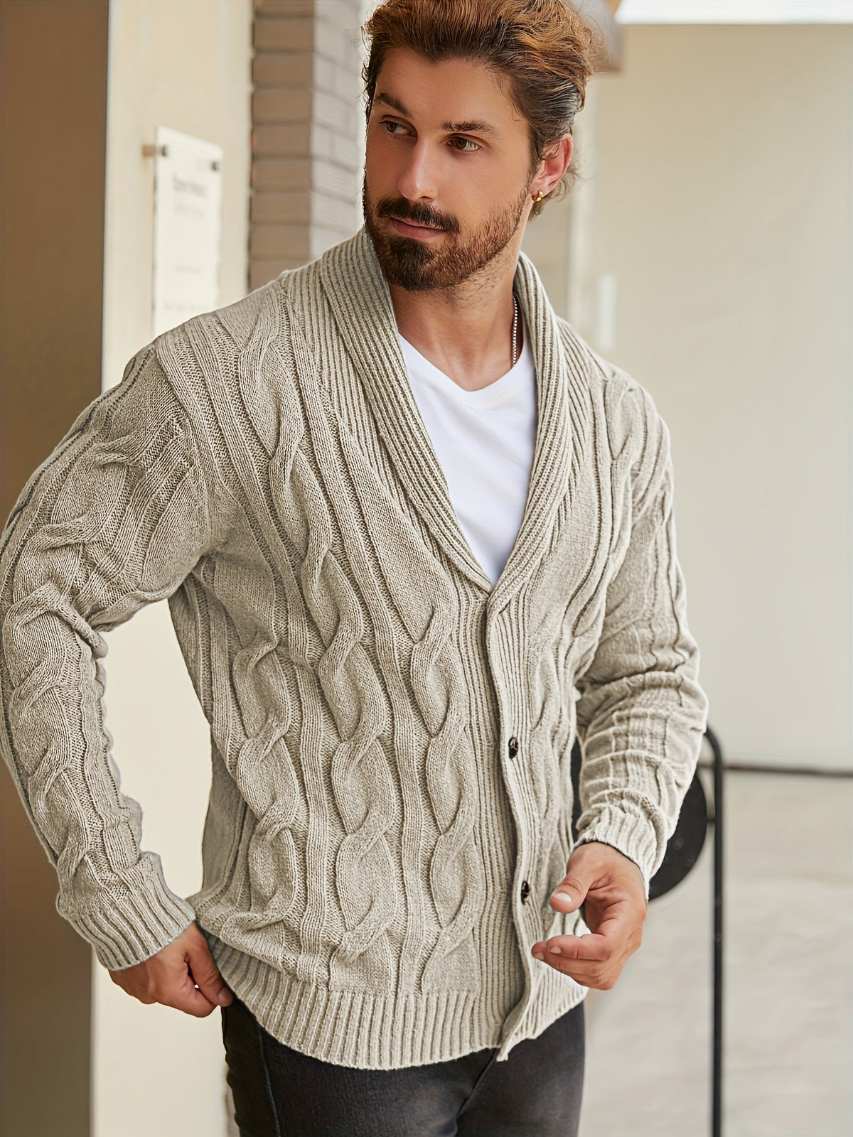 Herren Strickjacke Zopfmuster Schalkkragen Knopfleiste