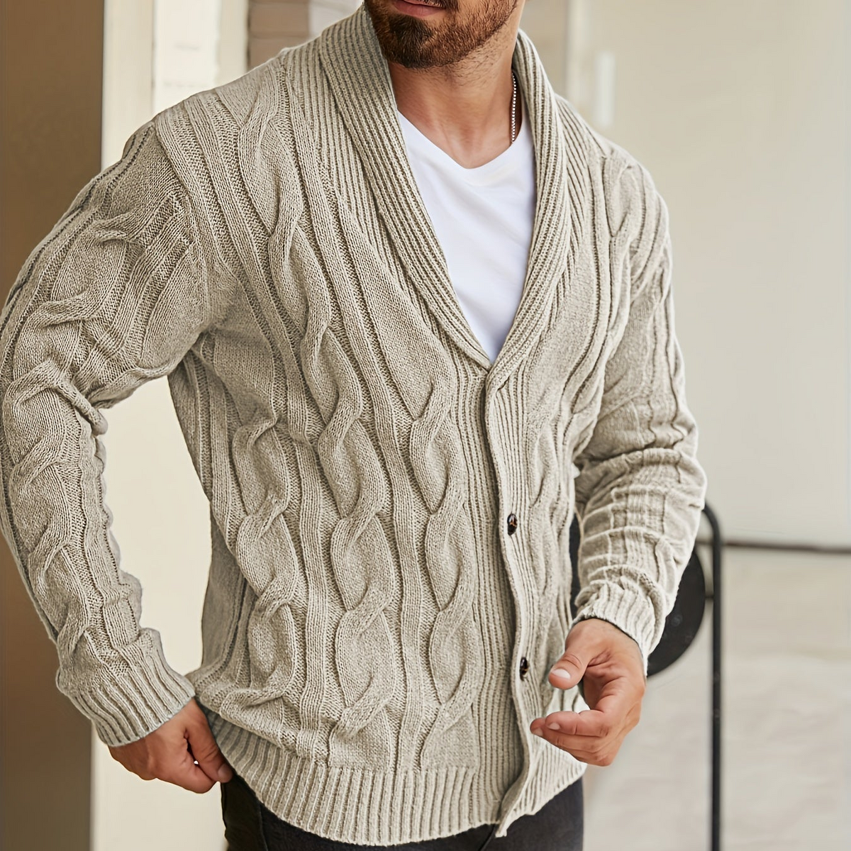Herren Strickjacke Zopfmuster Schalkkragen Knopfleiste