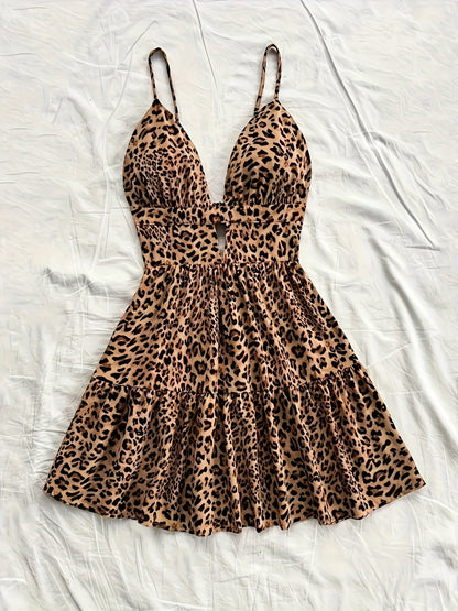 Damen Leopard Print Ärmelloses Mini Kleid mit Stufenrock – Sommer, Urlaub, Strand, Freizeit