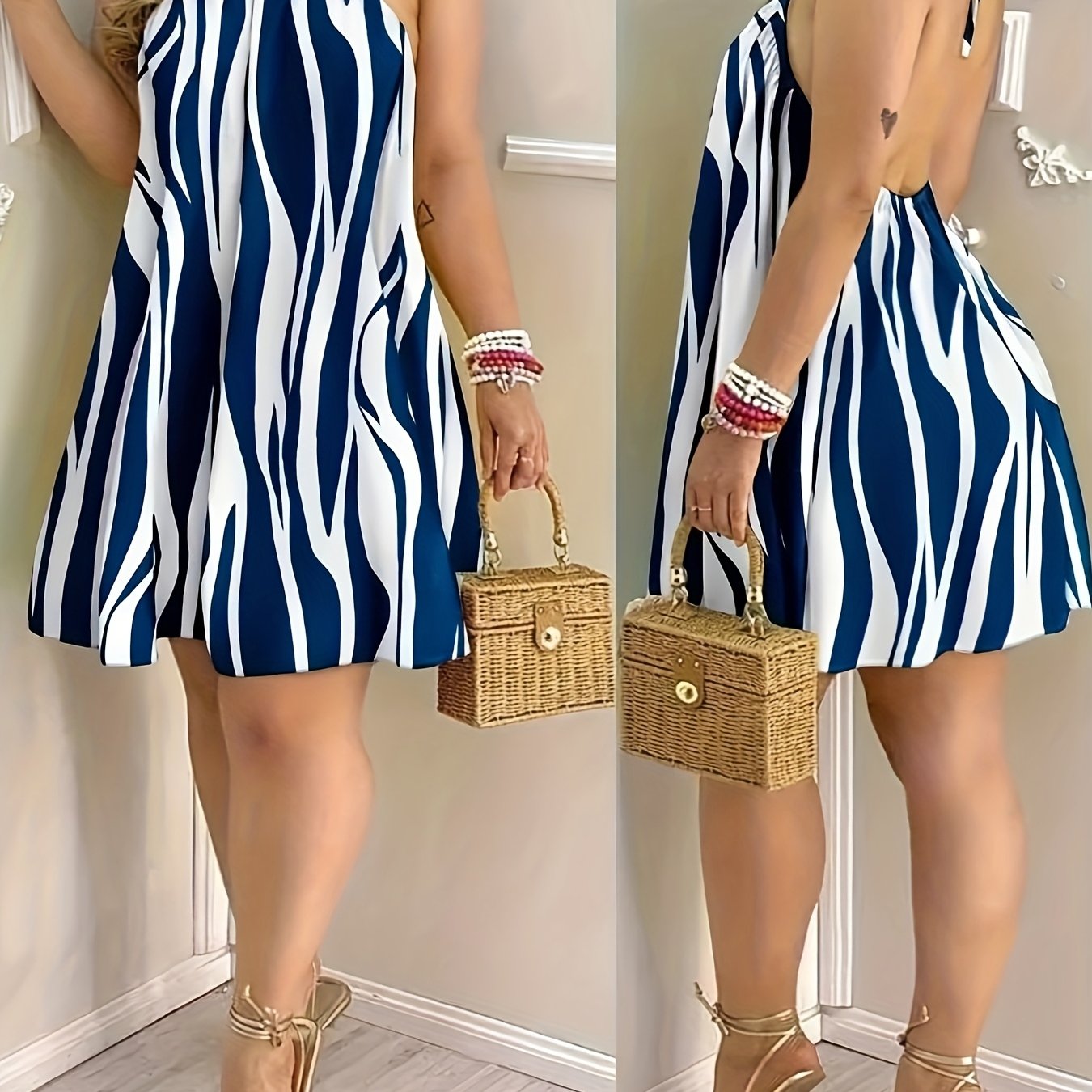 Damen Mini-Kleid mit abstraktem Print und offenem Rücken – Sommerliches Freizeitkleid mit Halterneck
