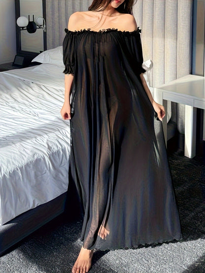 Damen Off-Shoulder Maxikleid Nachtkleid Elegant für Zuhause und Schlafen