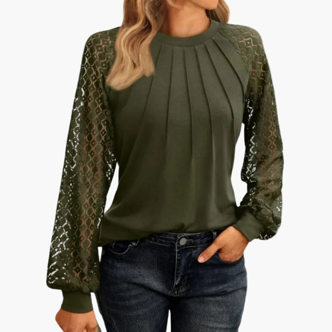 Damen Bluse mit Spitzenärmeln und Falten-Design – Elegante Freizeit- und Büro-Mode