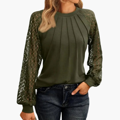 Damen Bluse mit Spitzenärmeln und Falten-Design – Elegante Freizeit- und Büro-Mode