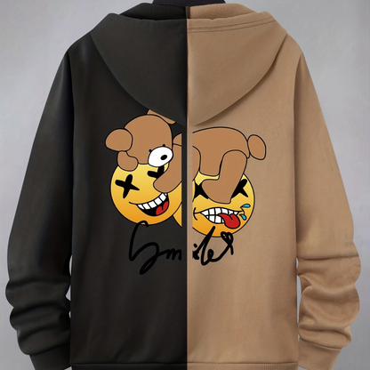Hoodie mit Reißverschluss, zweifarbig, Kapuze, Kängurutaschen, Motiv