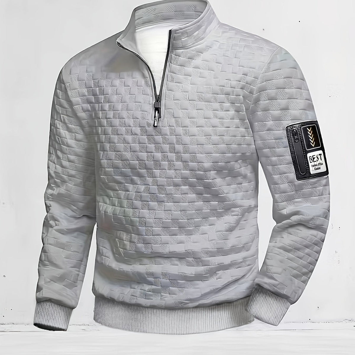 Herren Stehkragen Pullover mit Reißverschluss, gesteppt, Schwarz