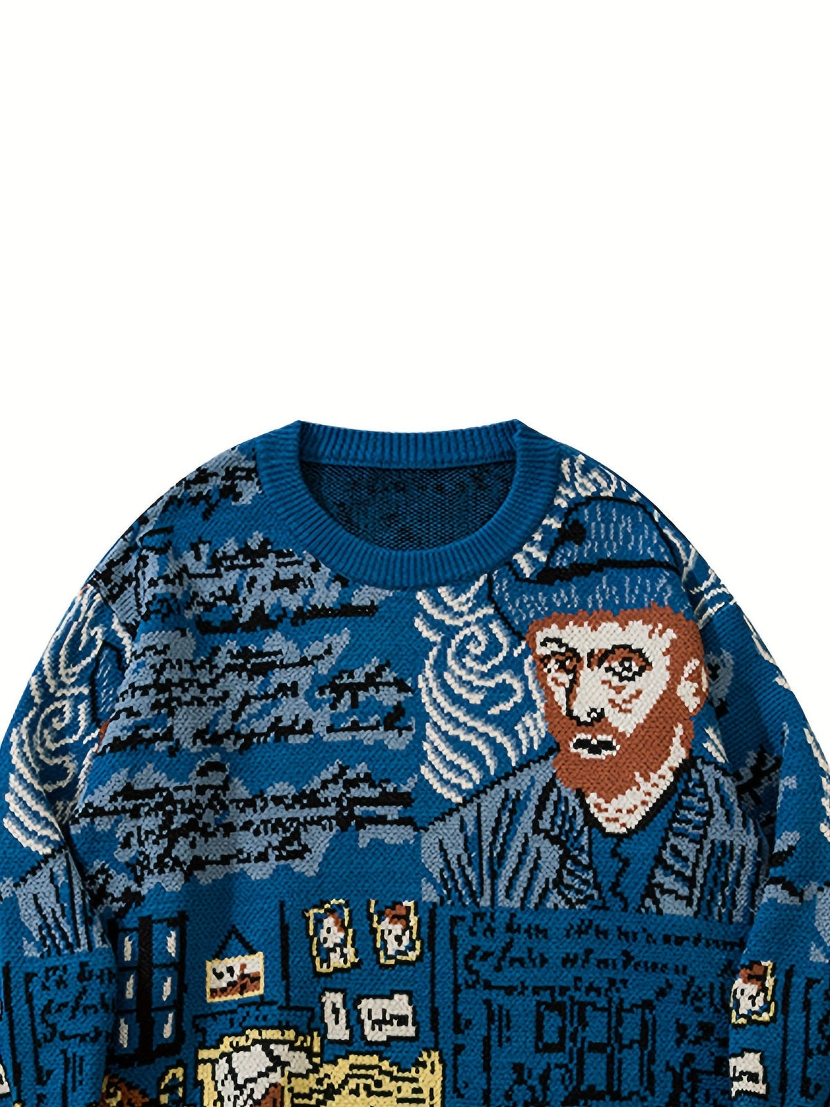 Blauer Strickpullover mit künstlerischem Muster und Rundhalsausschnitt
