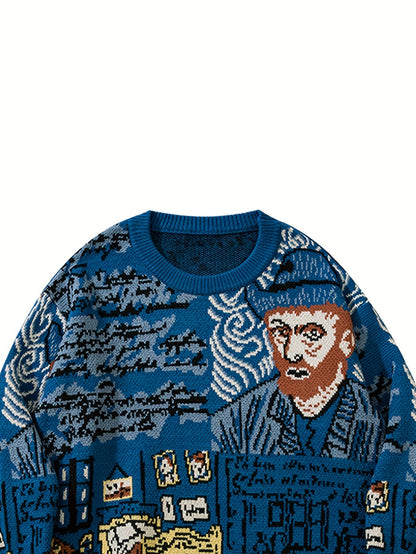 Blauer Strickpullover mit künstlerischem Muster und Rundhalsausschnitt