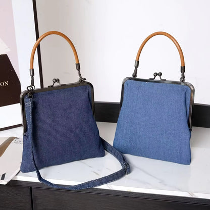 Damen Vintage Umhängetasche mit Holzgriff – Retro Handtasche im modernen Stil