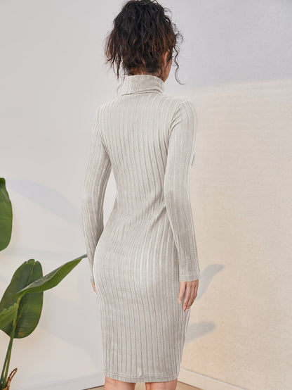 Damen Midi Kleid mit Rollkragen und Rippstrick – Figurbetontes Langarmkleid
