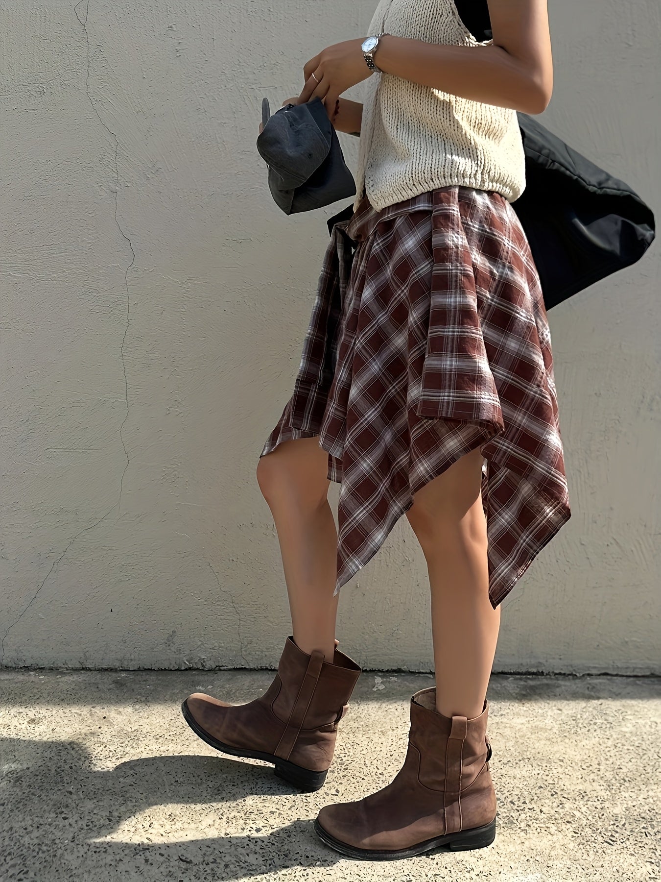 Damen Asymmetrischer Streetstyle-Rock mit Karo-Design und Knotendetail