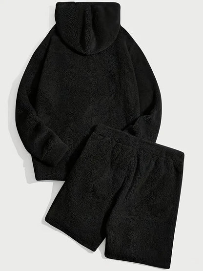 Unisex Teddy-Fleece Hoodie & Shorts Set mit Kapuze und Kordelzug