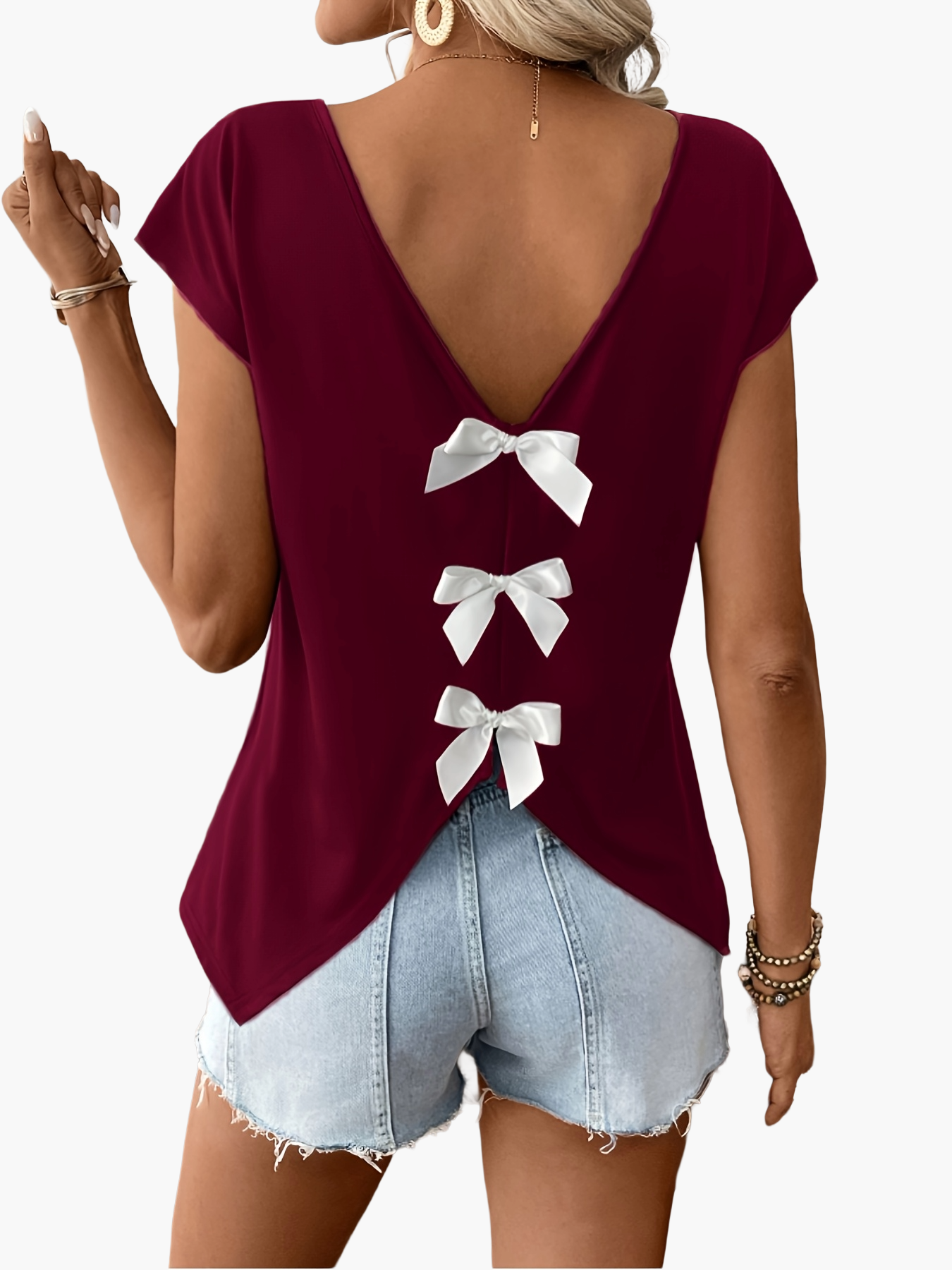 Damen Trendiges Rückendetail-Shirt mit Schleifen und V-Ausschnitt – Perfekt für Sommer, Freizeit & Urlaub