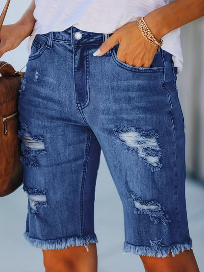 Damen Bermuda Jeans Shorts im Used-Look mit Fransen und Rissen – Lässige Sommermode