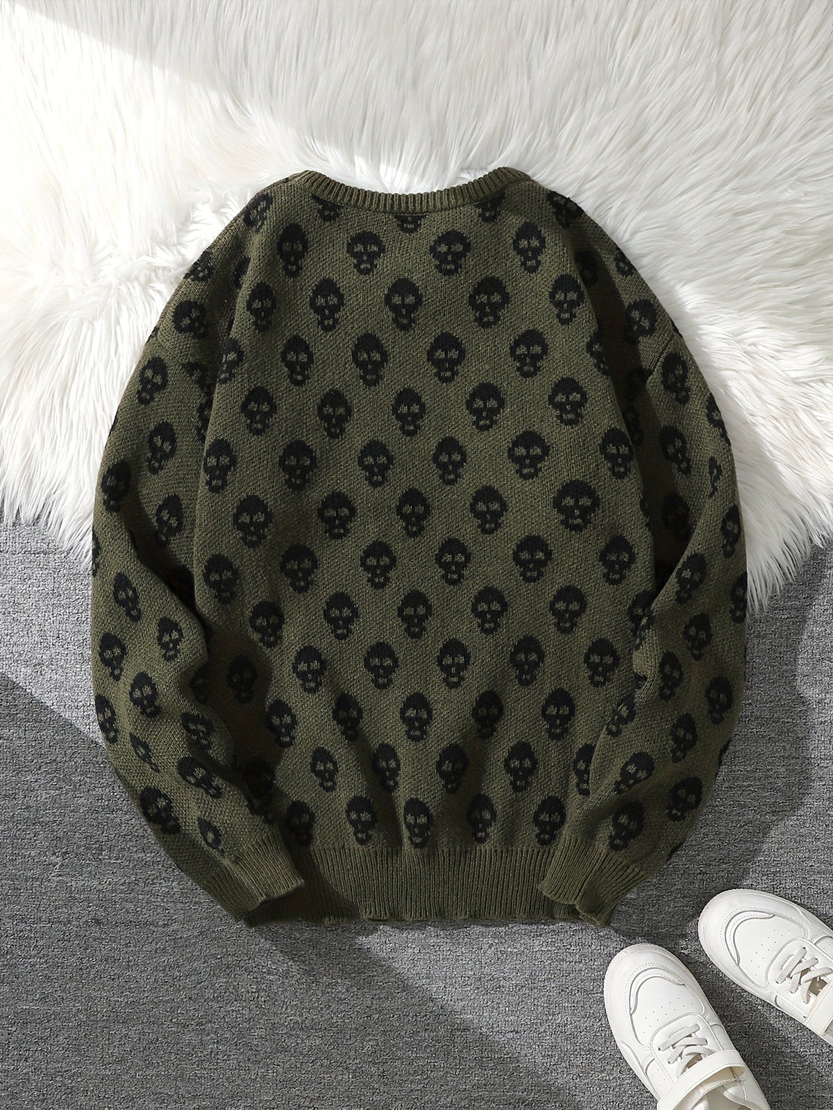 Unisex Pullover mit Totenkopfmuster Strick Rundhals Langarm Strickpullover